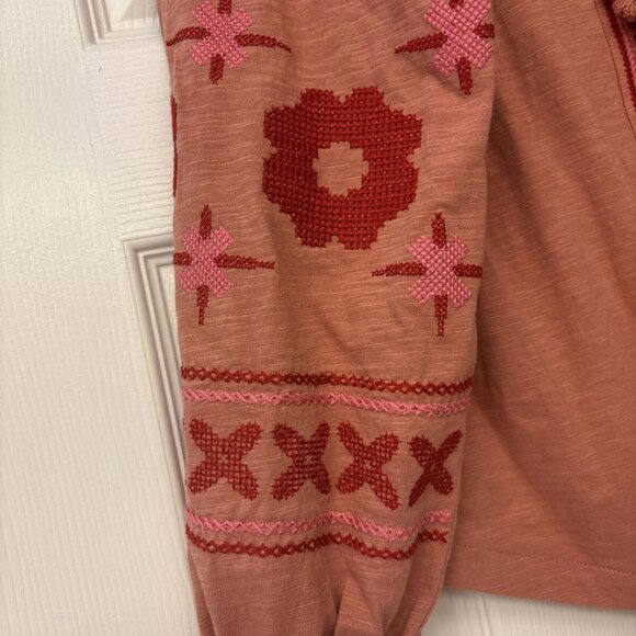 Boden Diana Embroidered Tunic Top Red Pink Long Sleeve Tie Neck Size US Sz 6 - Picture 9 of 11